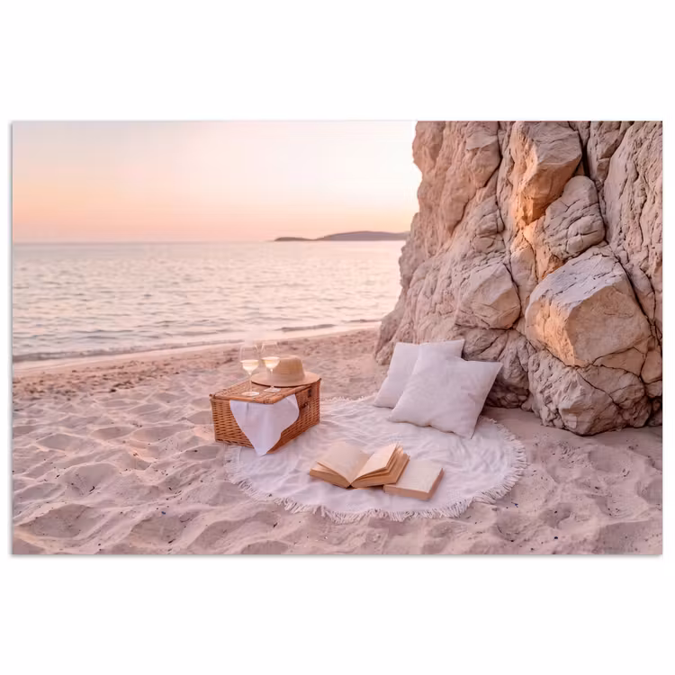 Strand - Picknick - Zonsondergang - Zomer - Natuur poster papier klein -3d