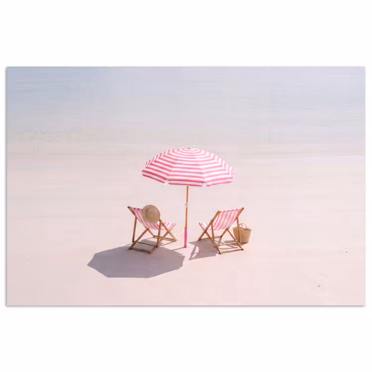 Strand - Parasol - Ligstoel - Zomer - Roze poster papier klein -3d