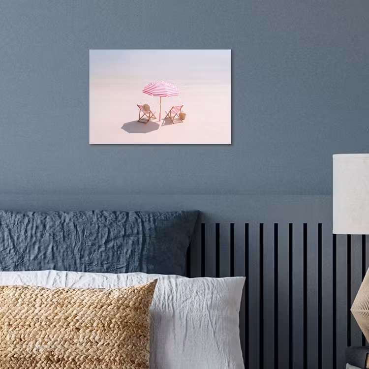 Strand - Parasol - Ligstoel - Zomer - Roze poster papier klein -sfeer2