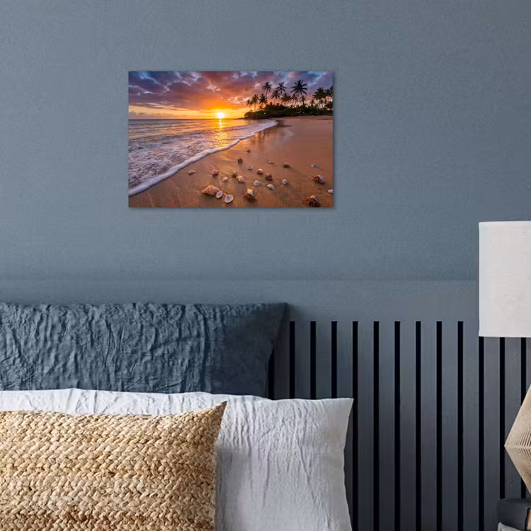 Strand - Zonsondergang - Palmbomen - Natuur - Oranje poster papier klein -sfeer2
