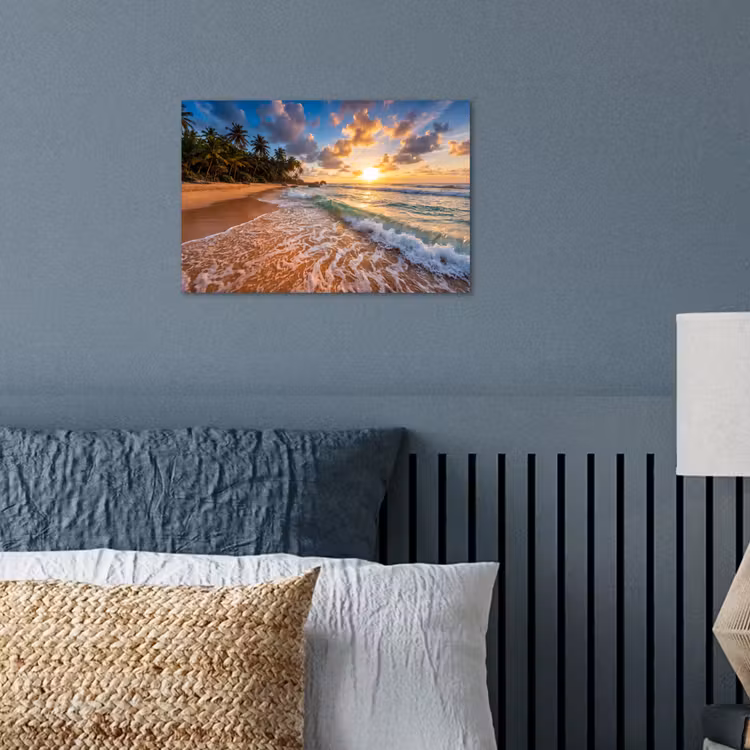Strand - Zonsondergang - Golven - Natuur - Goud poster papier klein -sfeer2