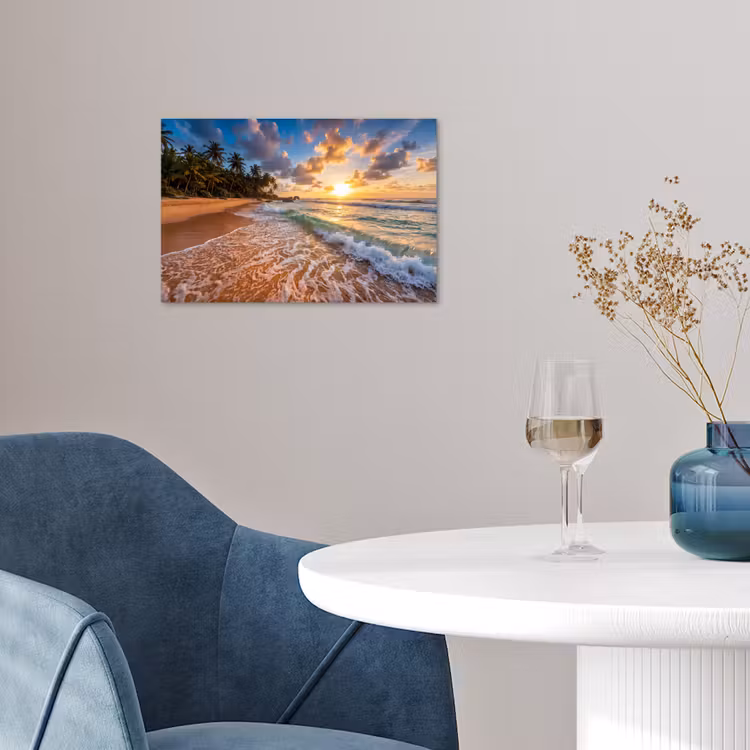 Strand - Zonsondergang - Golven - Natuur - Goud poster papier klein -sfeer3