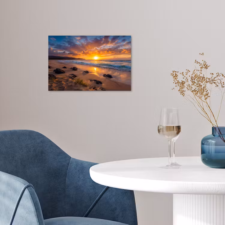 Strand - Zonsondergang - Golven - Natuur - Oranje poster papier klein -sfeer3
