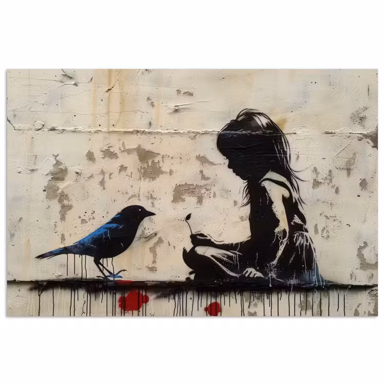 Street art - Meisje - Vogel - Graffiti - Banksy poster papier klein -3d