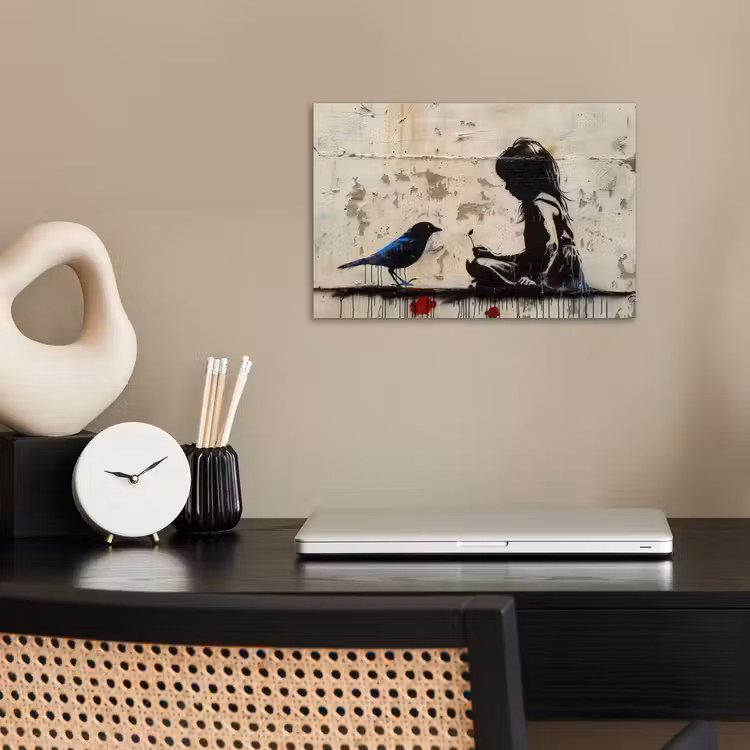 Street art - Meisje - Vogel - Graffiti - Banksy poster papier klein -sfeer1