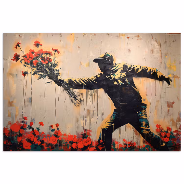 Street art - Man - Bloemen - Rood - Graffiti - Banksy poster papier klein -3d