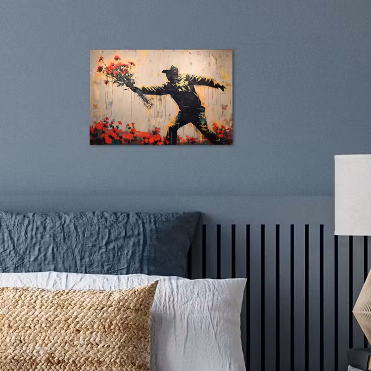 Street art - Man - Bloemen - Rood - Graffiti - Banksy poster papier klein -sfeer2