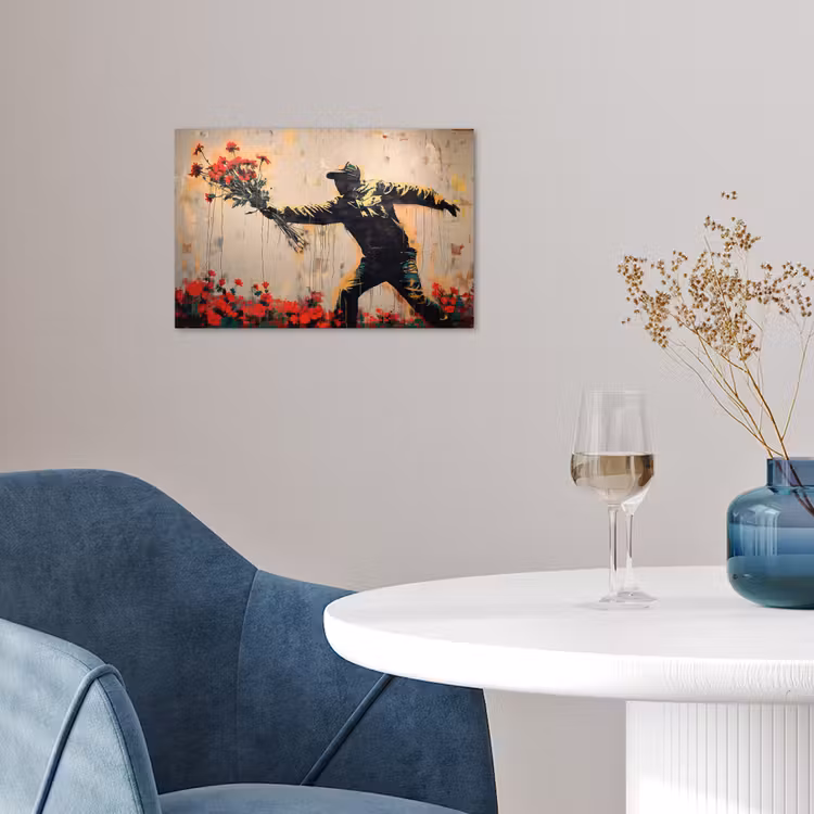 Street art - Man - Bloemen - Rood - Graffiti - Banksy poster papier klein -sfeer3
