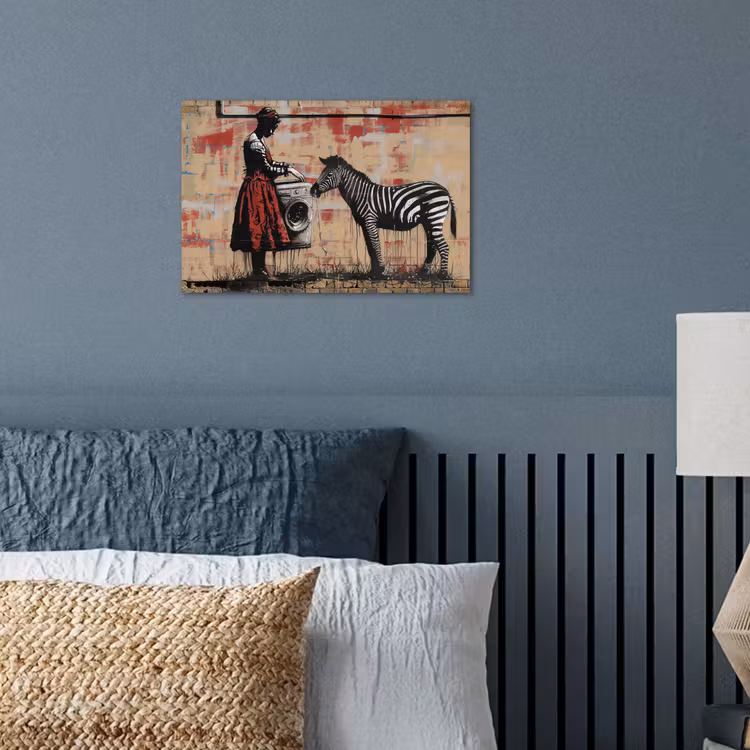 Street art - Zebra - Vrouw - Dieren - Graffiti - Banksy poster papier klein -sfeer2
