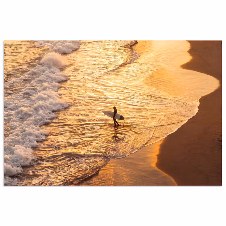 Surfer - Strand - Zonsondergang - Oceaan - Goud poster papier klein -3d
