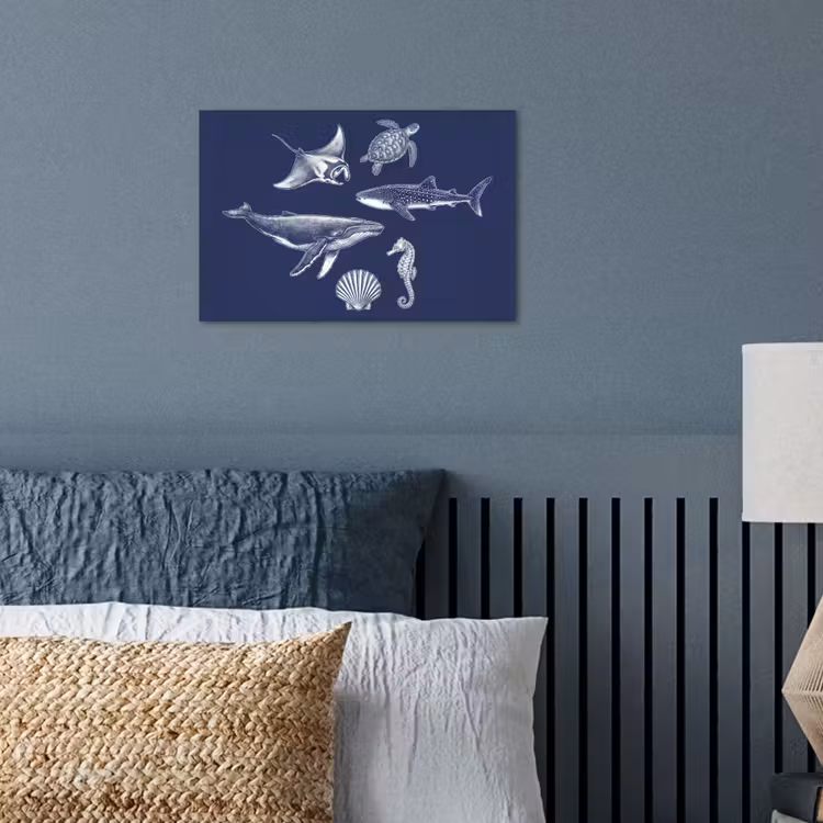 Dieren - Zeeleven - Oceaan - Graveren - Blauw poster papier klein -sfeer2