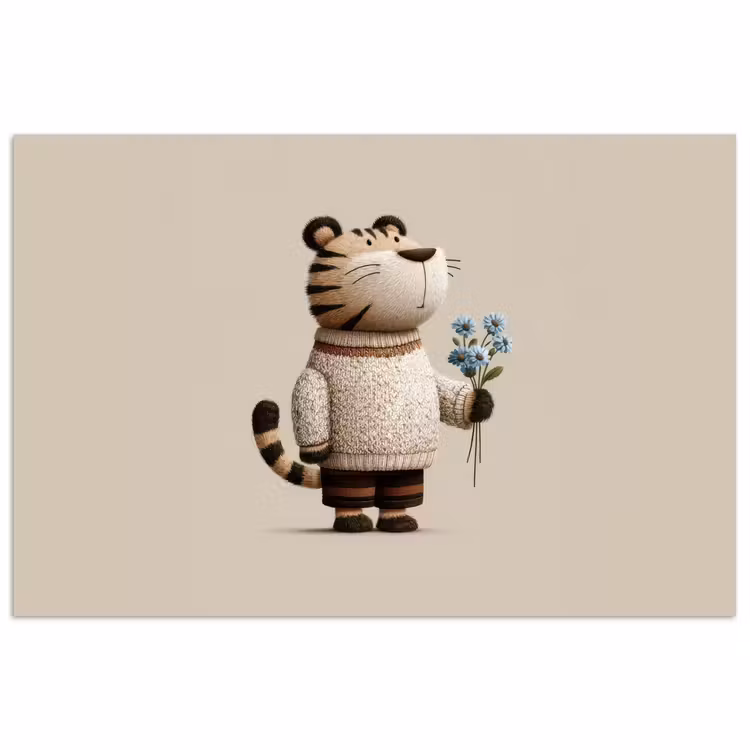 Tijger - Blauwe bloemen - Rustig poster papier klein -3d