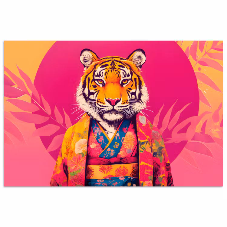 Tijger - Kimono - Planten - Roze poster papier klein -3d