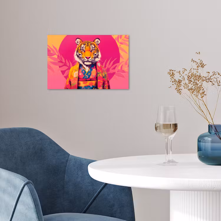 Tijger - Kimono - Planten - Roze poster papier klein -sfeer3