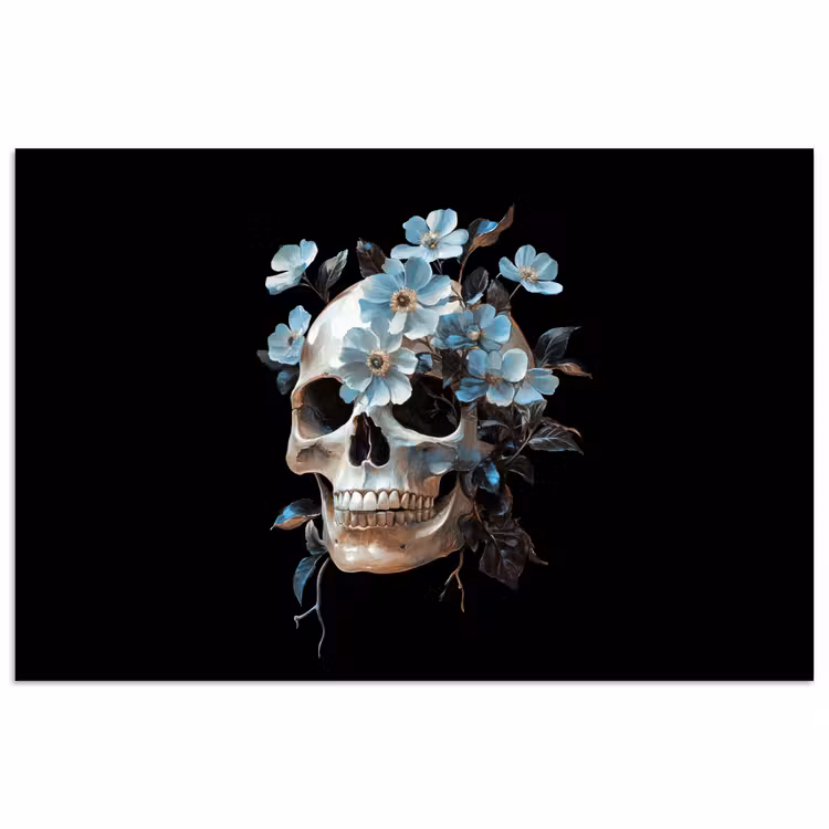 Schedel - Blauw - Bloemen - Bladeren poster papier klein -3d