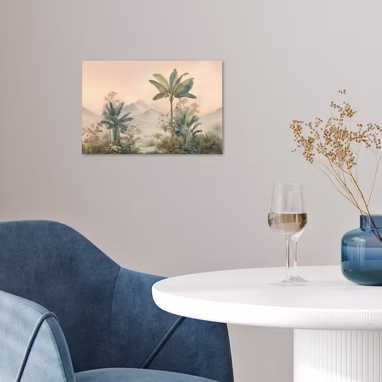 Tropisch landschap - palmbomen - Bloemen - Roze lucht poster papier klein -sfeer3