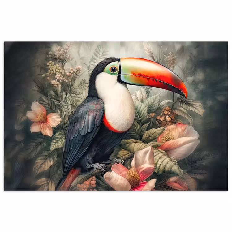 Toekan - Vogels - Bloemen - Planten - Tropisch poster papier klein -3d