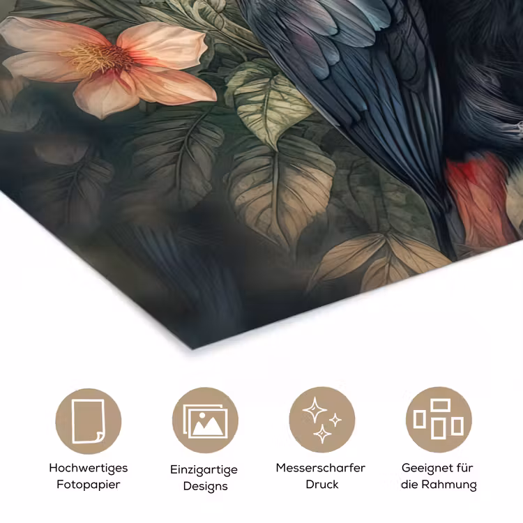 Toekan - Vogels - Bloemen - Planten - Tropisch poster papier klein -tcloseup_DE
