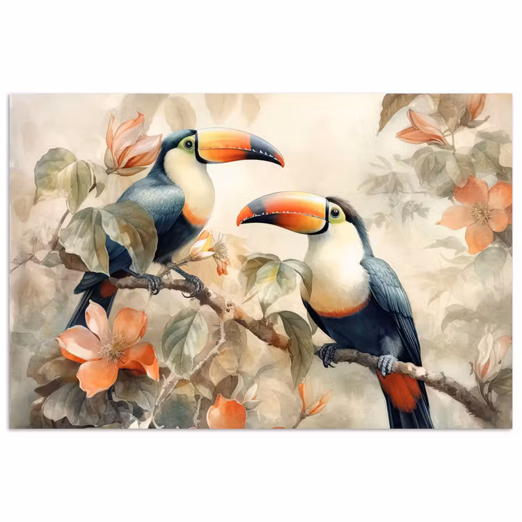 Toekan - Vogels - Bloemen - Tak poster papier klein -3d
