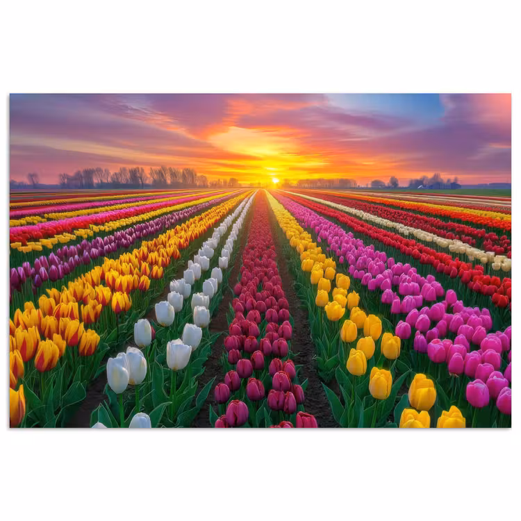 Tulpenveld - Zonsondergang - Kleurrijk poster papier klein -3d