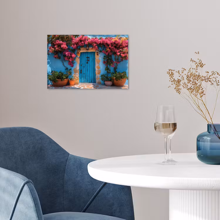 Deur - Hout - Bloemen - Blauw poster papier klein -sfeer3