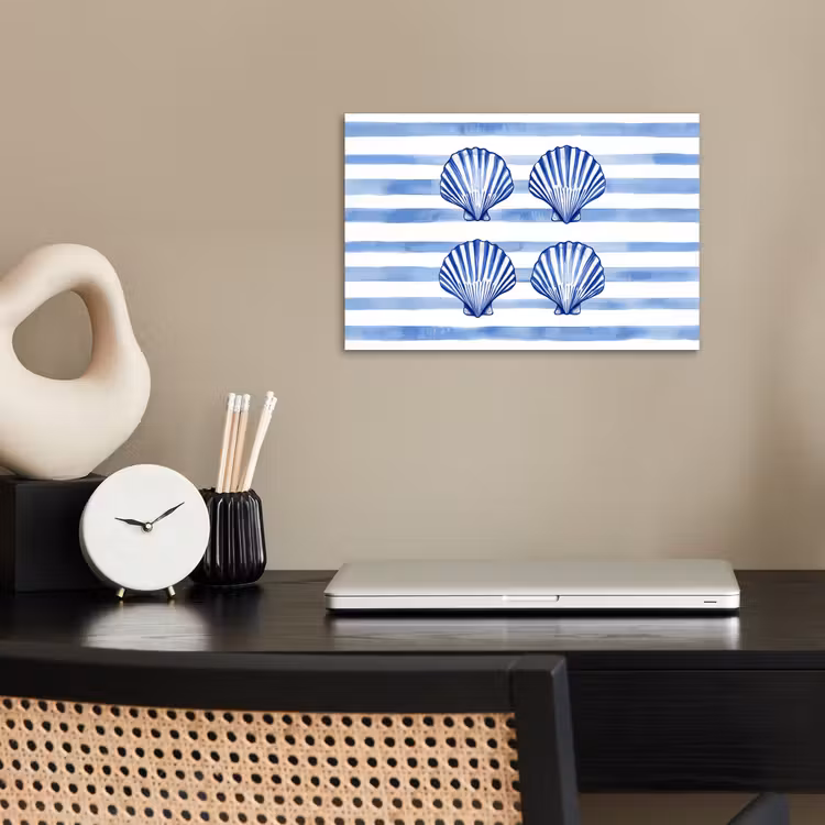Vier schelpen - Blauw - Wit - Strepen poster papier klein -sfeer1