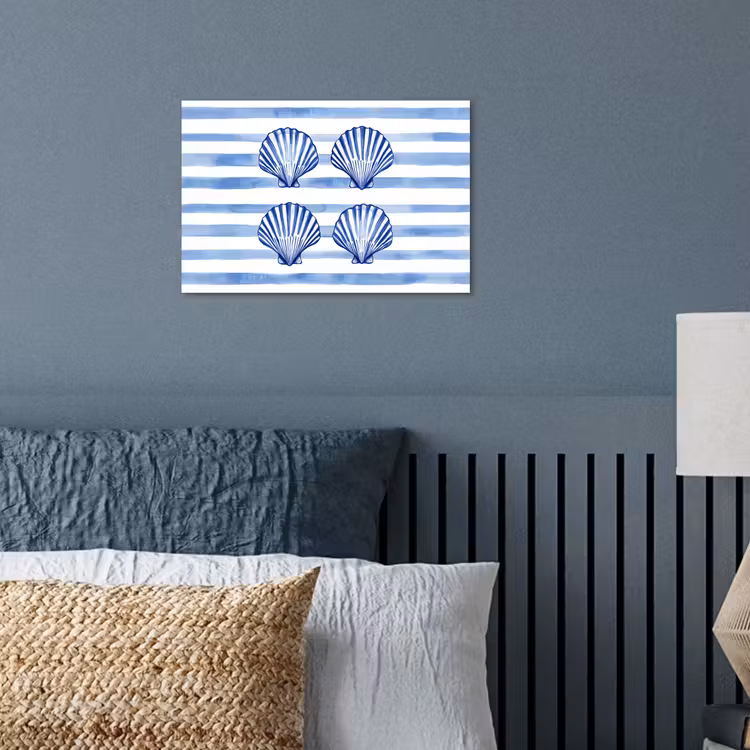 Vier schelpen - Blauw - Wit - Strepen poster papier klein -sfeer2