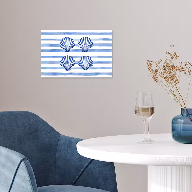 Vier schelpen - Blauw - Wit - Strepen poster papier klein -sfeer3