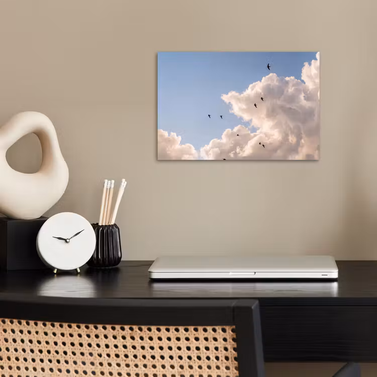 Vogel - Vlucht - Wolken - Natuur - Blauw poster papier klein -sfeer1