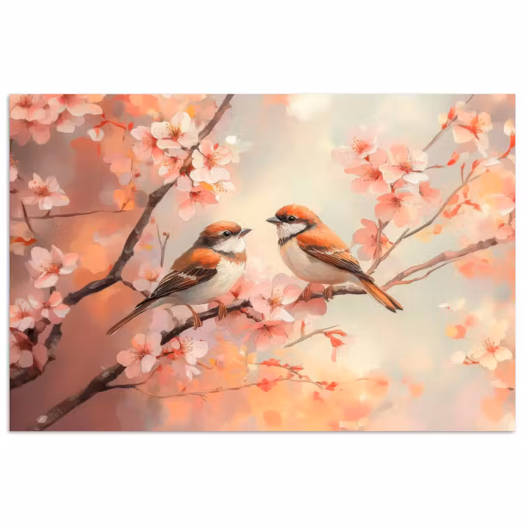 Vogels - Romantic - Bloesemtak poster papier klein -3d
