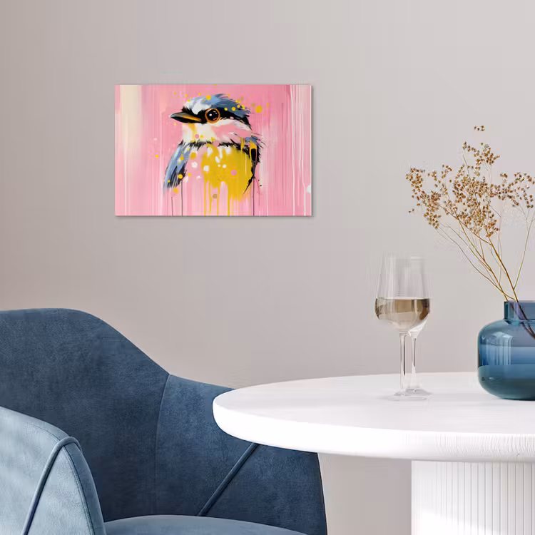 Vogel - Roze - Geel - Blauw poster papier klein -sfeer3