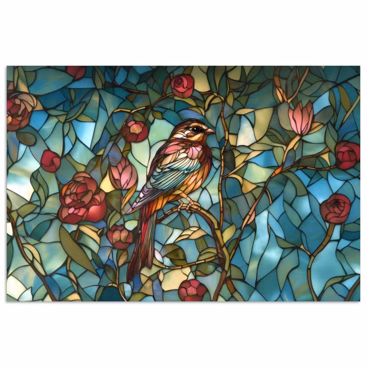 Vogel - Tak - Rozen - Mozaïek poster papier klein -3d