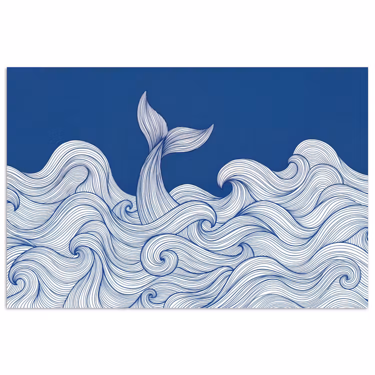 Walvis - Staart - Golven - Lijntekening - Blauw poster papier klein -3d