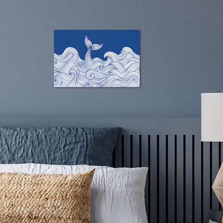 Walvis - Staart - Golven - Lijntekening - Blauw poster papier klein -sfeer2