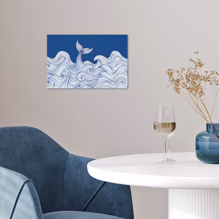 Walvis - Staart - Golven - Lijntekening - Blauw poster papier klein -sfeer3
