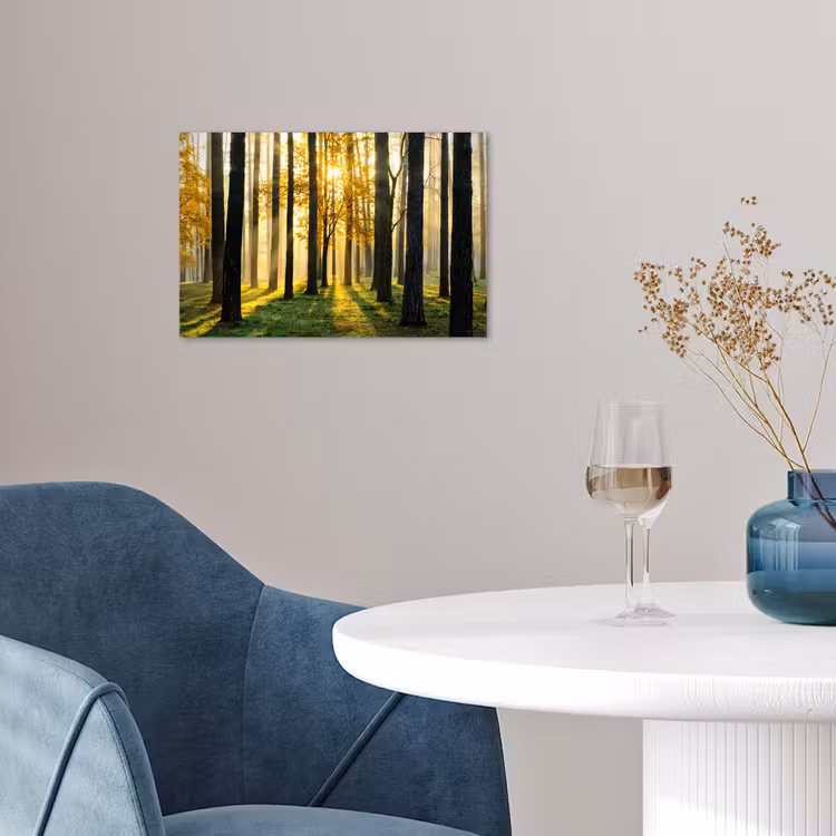Bos - Zon - Bomen - Gras - Landschap - Natuur poster papier klein -sfeer3