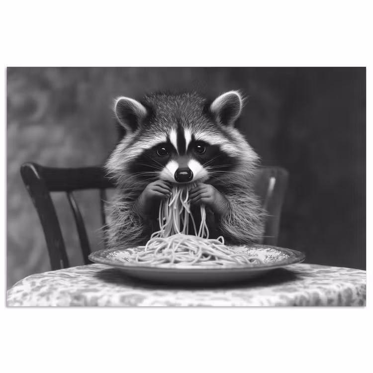 Wasbeer - Cute - Pasta - Tafelkleed - Zwart - Wit poster papier klein -3d