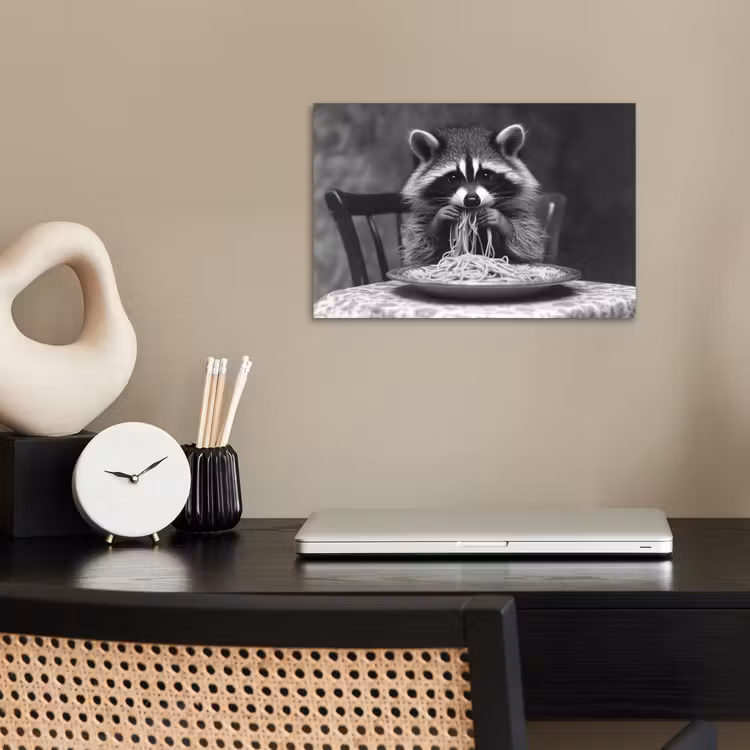 Wasbeer - Cute - Pasta - Tafelkleed - Zwart - Wit poster papier klein -sfeer1