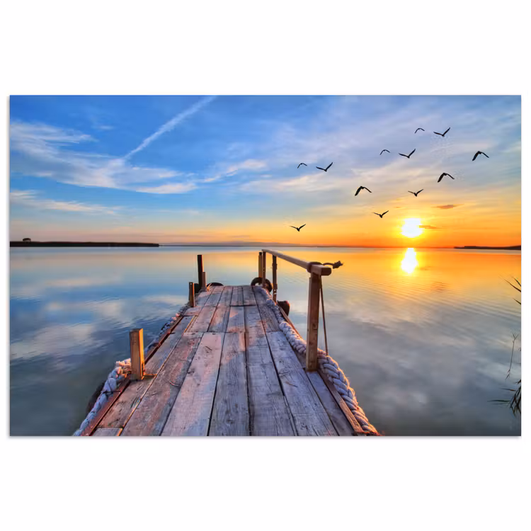 Water - Steiger - Vogels - Zonsondergang - Horizon poster papier klein -3d