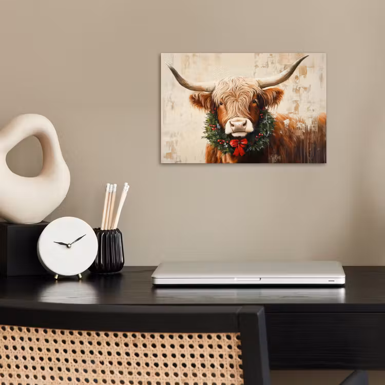 Kerst - Schotse Hooglander - Bruin - Krans poster papier klein -sfeer1