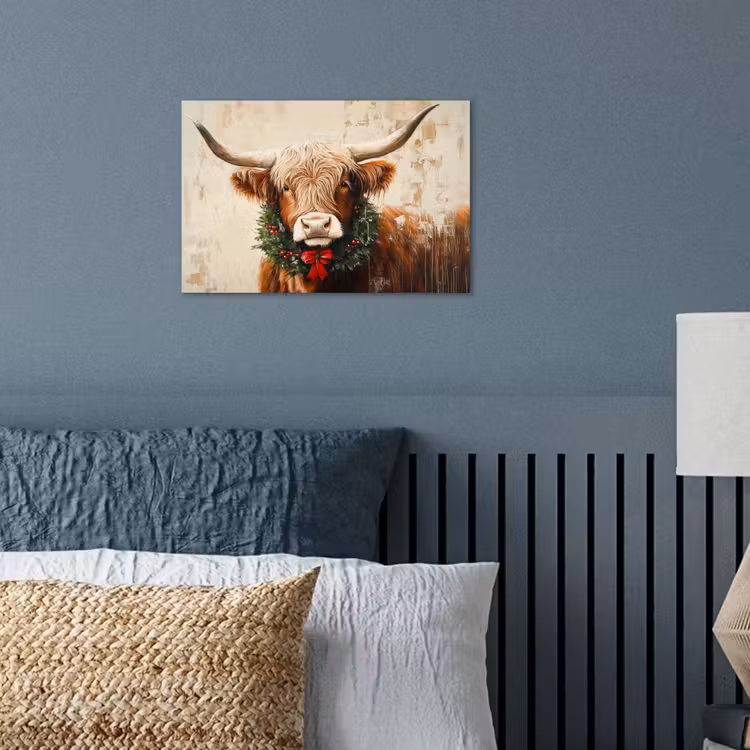Kerst - Schotse Hooglander - Bruin - Krans poster papier klein -sfeer2