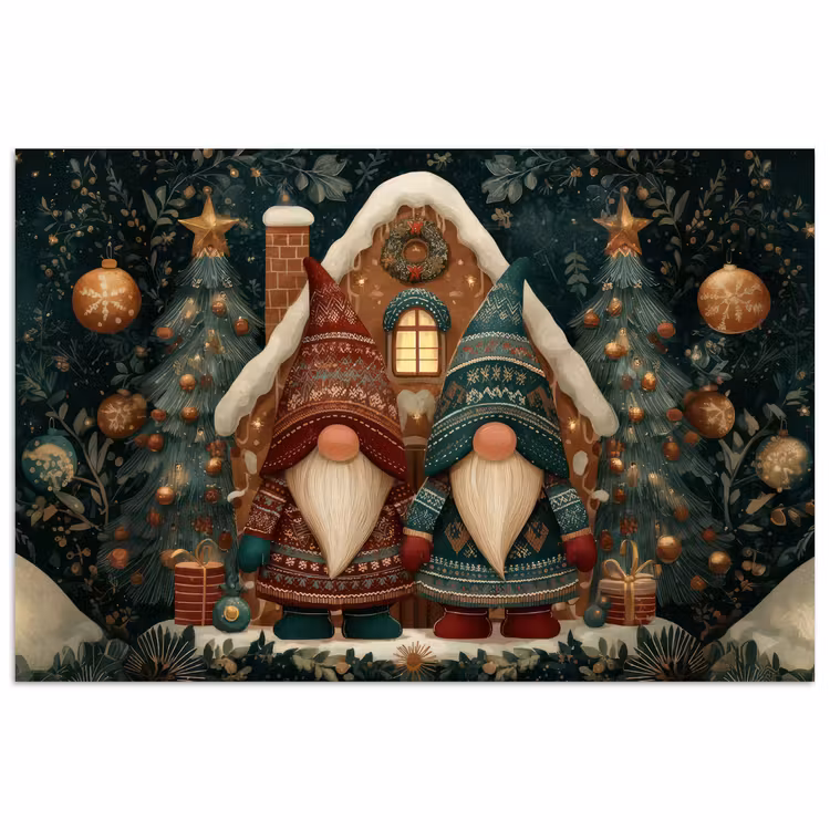 Kerst - Gnomen - Peperkoekhuisje - Rood - Groen poster papier klein -3d