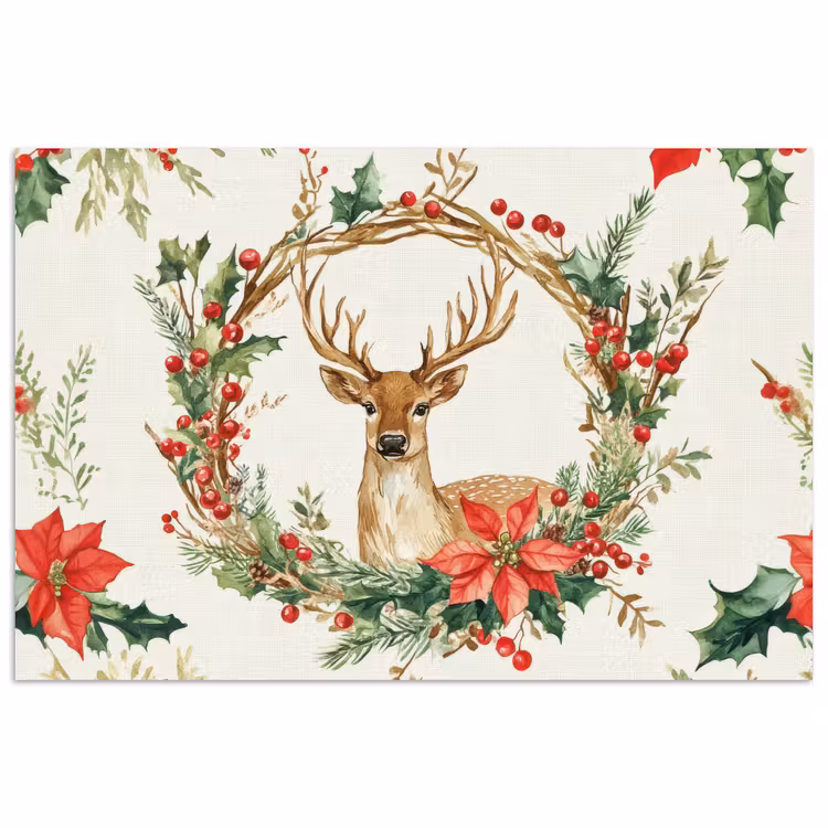 Kerstkrans - Hert - Hulst - Rood poster papier klein -3d