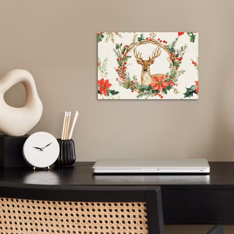 Kerstkrans - Hert - Hulst - Rood poster papier klein -sfeer1