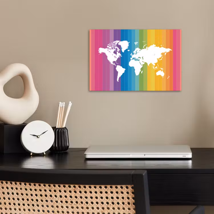 Wit - Wereldkaart - Regenboog - Banen poster papier klein -sfeer1