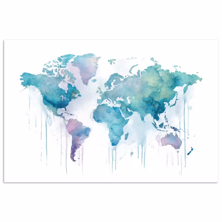 Wereldkaart - Waterverf - Blauw - Druppels poster papier klein -3d
