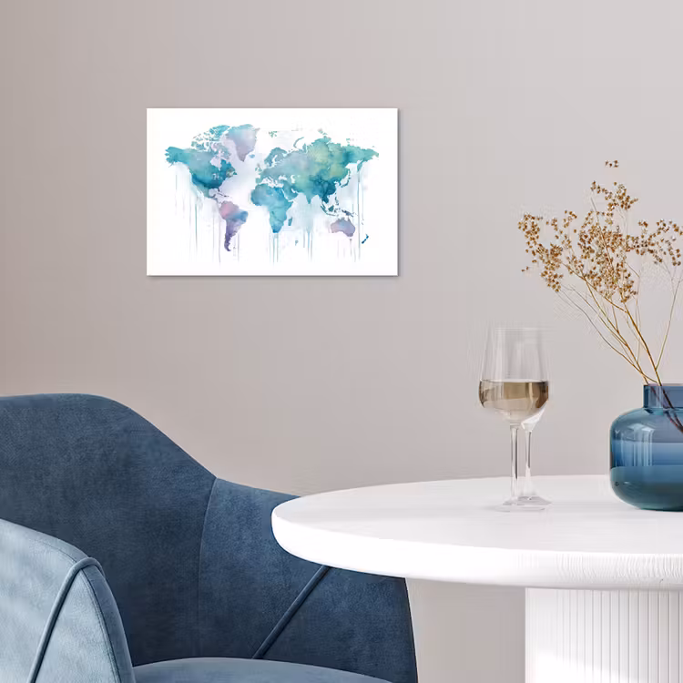 Wereldkaart - Waterverf - Blauw - Druppels poster papier klein -sfeer3