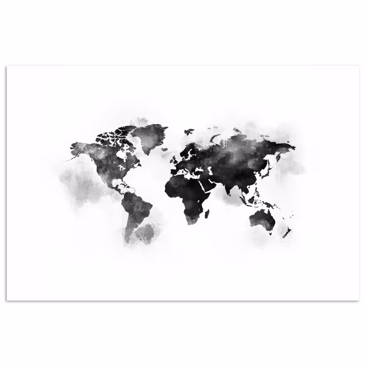 Wereldkaart - Waterverf - Zwart - Wit poster papier klein -3d