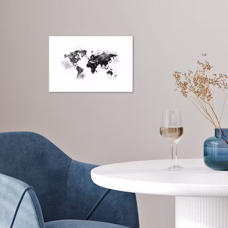 Wereldkaart - Waterverf - Zwart - Wit poster papier klein -sfeer3