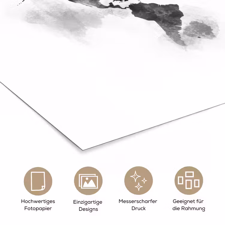 Wereldkaart - Waterverf - Zwart - Wit poster papier klein -tcloseup_DE